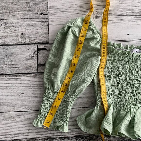 En Saison Crop Top Mint Smocked Puff Sleeve Square Neck Peasant Boho Blouse - Picture 12 of 12